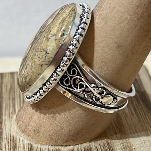 BROWN PICTURE JASPER GEMSTONE RING 925 STERLING SILVER SIZE 10 - Picture 3 of 9